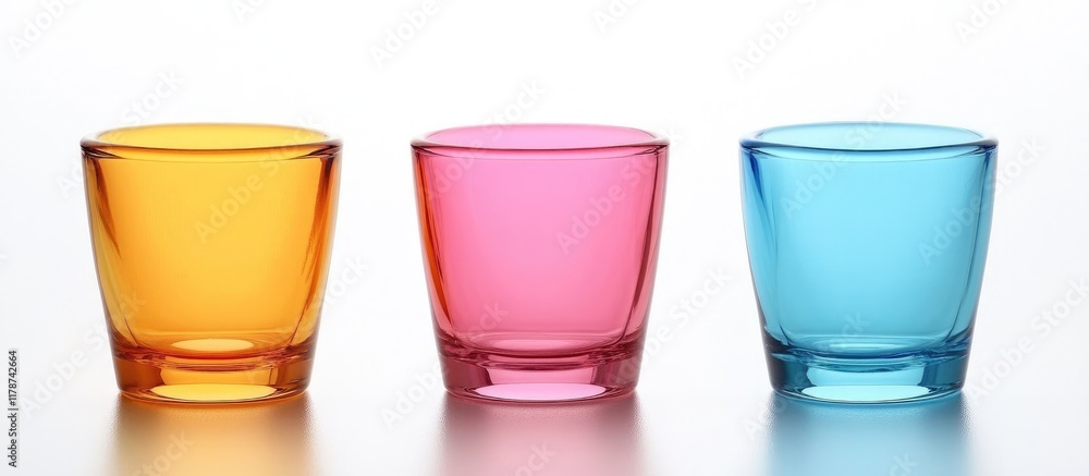 Poster colorful set of three solid shot glasses with blank space for custom text on white background