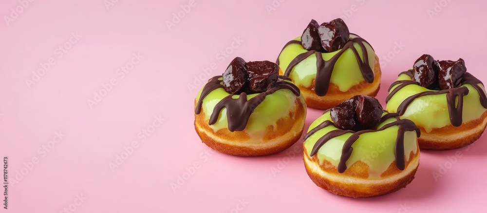Poster apple donuts with chocolate glaze and icing arranged on a pink background with empty space for text 