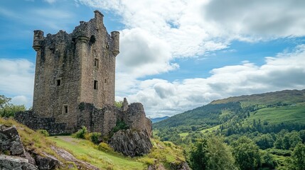 Worn castle tower amidst scenic landscape with lush greenery and cloudy skies showcasing historical architecture and natural beauty