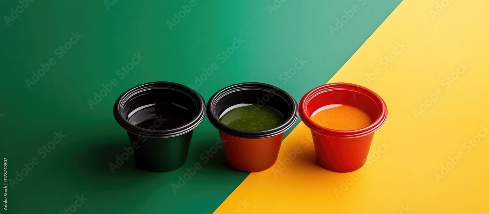 Aufkleber colorful sauce containers in red yellow and dark green arranged on vibrant background with ample spa