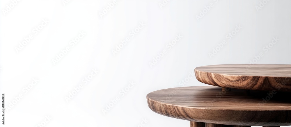 Poster elegant walnut wood tables stacked on a clean white background with ample blank space for customizab