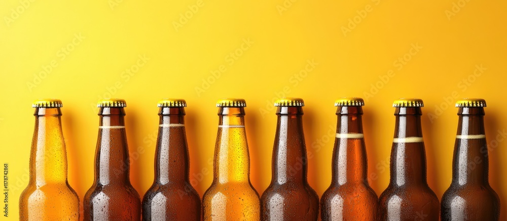 Aufkleber beer bottles lined up with vibrant foam and empty space for customizable text on a bright yellow bac