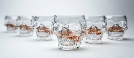 Skull Shaped Drinking Glasses on White Background Ideal for Halloween Parties and Themed Events with Space for Custom Text
