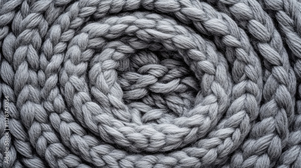 Poster soft gray cotton yarn intricately knitted in a circular pattern creating a soothing and textured bac