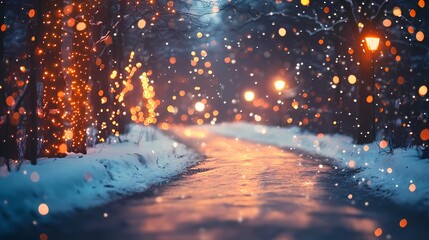 Naklejka premium Blurred glowing golden light reflecting softly on a snowy forest road creating a peaceful and magical wintertime backdrop