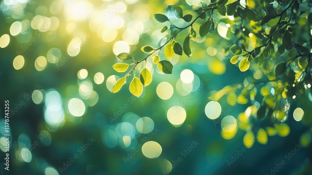 Poster calming green bokeh background with blurred leaves creating a serene and dreamy forest atmosphere pe