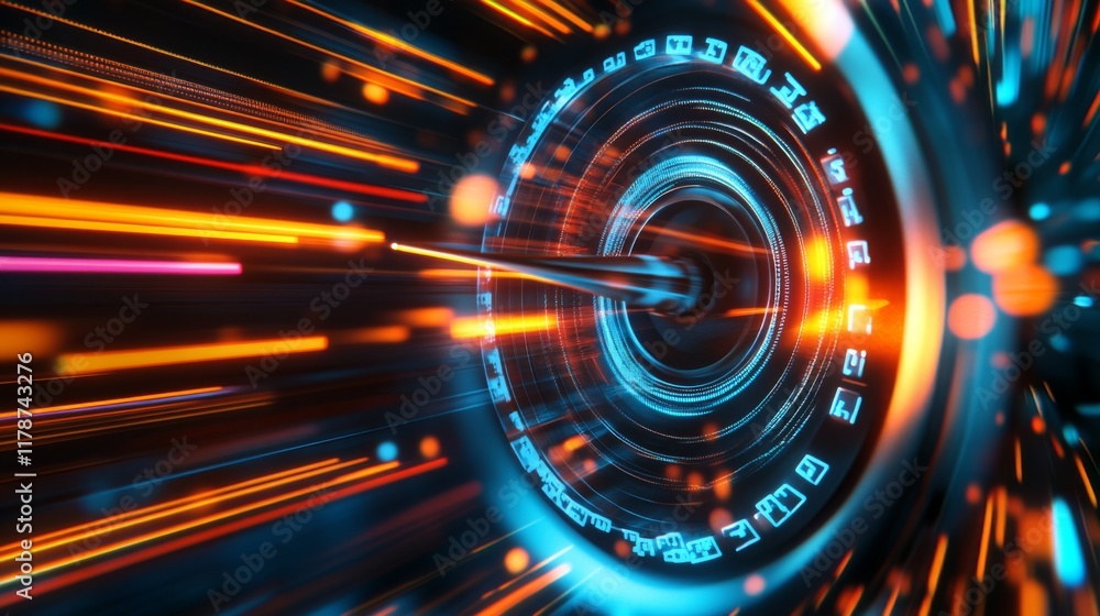 Poster abstract speedometer dial with bright neon colors and a blurred needle, symbolizing acceleration and