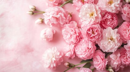 Delicate arrangement of soft pink roses and buds on a textured pastel background for elegant floral themed designs and invitations