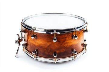 A brown snare drum rests on a white background