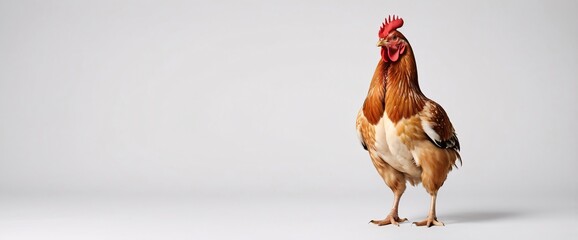 A close-up of a live chicken standing gracefully on a white background with ample copy space for text or branding