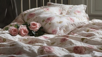 Elegant pink roses adorned on a luxurious bed with soft textures and cozy comforter creating a serene and inviting atmosphere.