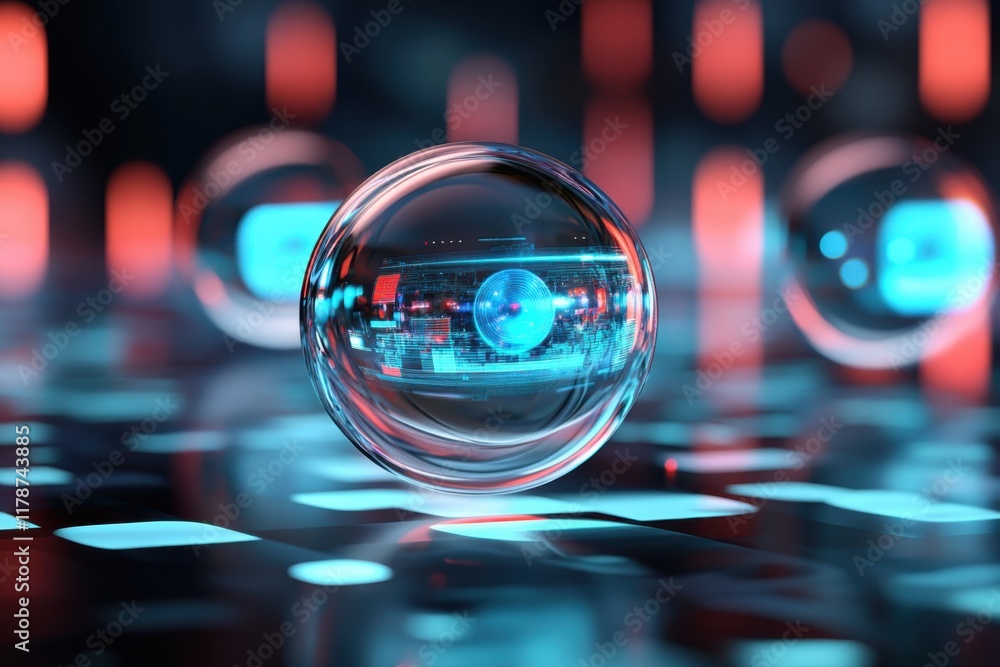 Poster colorful abstract design featuring glowing orbs and digital elements in a vibrant setting