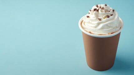 Delicious soft serve hot chocolate topped with whipped cream and chocolate shavings in a disposable cup against a blue background