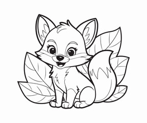 cartoon-style illustration of a baby fox sitting in front of large, overlapping leaves. The fox has big, expressive eyes and a cheerful smile, with fluffy fur and a bushy tail.