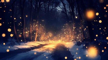 Naklejka premium Blurred glowing golden light reflecting softly on a snowy forest road creating a peaceful and magical wintertime backdrop