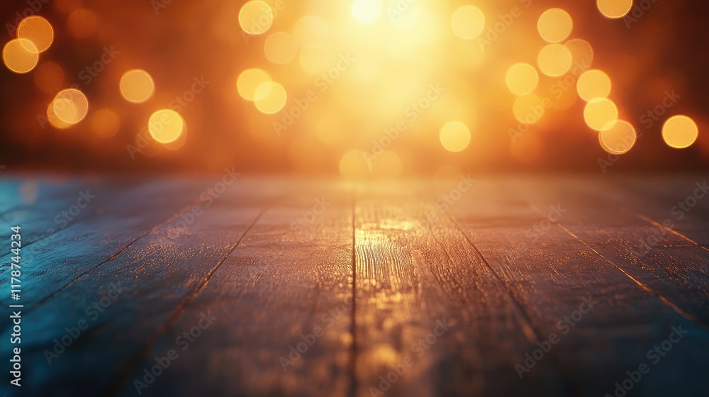 Poster warm glowing string lights on rustic wooden surface with soft blurred background creating a cozy and