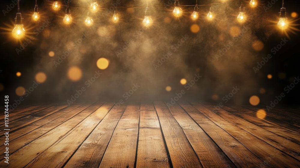 Poster warm string lights illuminating a rustic wooden floor with a soft bokeh effect creating a cozy and i