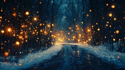 Blurred glowing golden light reflecting softly on a snowy forest road creating a peaceful and magical wintertime backdrop
