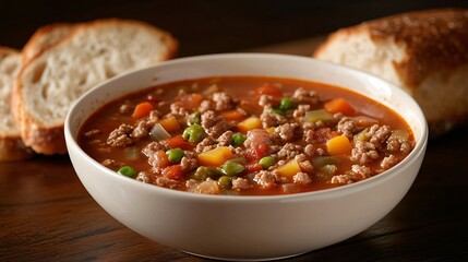 A gourmet-style presentation of ground turkey vegetable soup with artisanal bread, isolated on a dark wood table