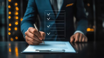 A businessman checks off items on a digital checklist with a pen in a modern setting.