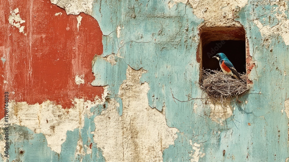 Poster swallows nesting in a nest on a rustic weathered wall with chipping paint