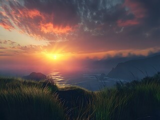 Serene sunset over a coastal landscape with grass in the foreground.