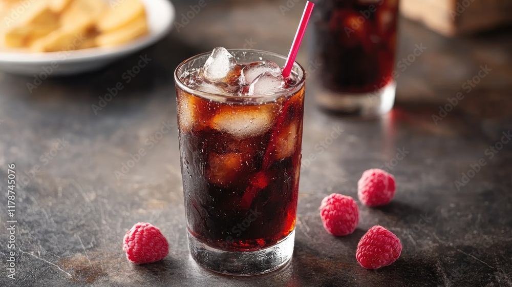 Poster refreshing red cola cocktail with raspberry liqueur and vodka served over ice garnished with raspber