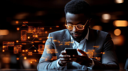 A businessman using a smartphone with digital graphics overlay for communication.