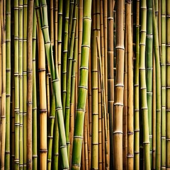 Fototapeta premium A row of bamboo sticks with a green and brown color. The bamboo is arranged in a way that it looks like a forest