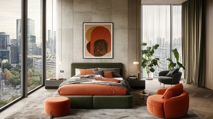 Modern bedroom with city view, orange and green accents.