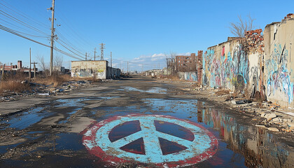 peace sign painted on street and a destroyed residential area