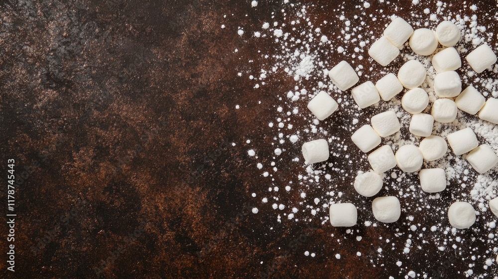 Poster marshmallows scattered on dark textured background with powdered sugar highlights creating a sweet a