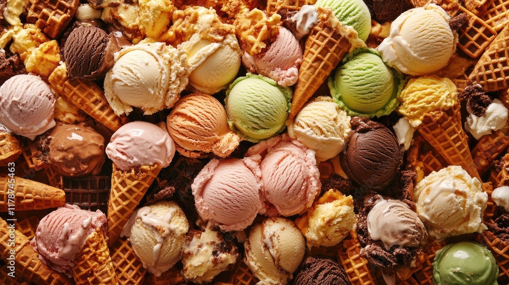 Poster assorted colorful ice cream scoops in waffle cones arranged in a vibrant top view composition for a 