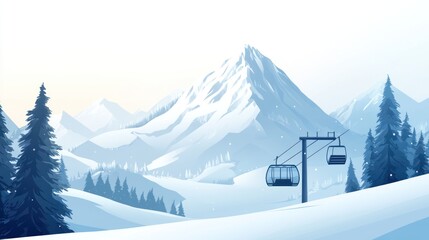 Snowy mountain peak with chairlift and evergreen trees.