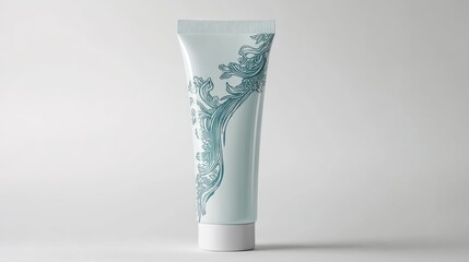 Elegant toothpaste tube with decorative design against a clean white background for dental care and hygiene product promotion.