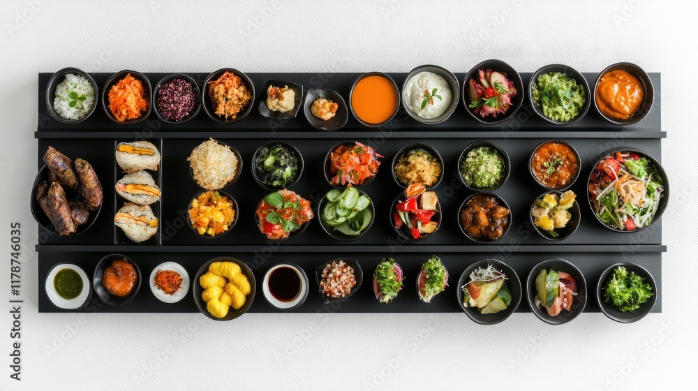 Poster modern black conveyor belt serving table showcasing an array of mezze starters and appetizers artful