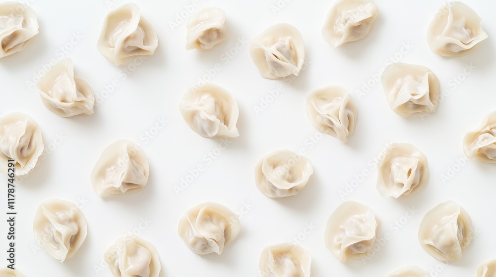 Poster raw wonton dumplings arranged in a visually appealing pattern on a bright white background for culin