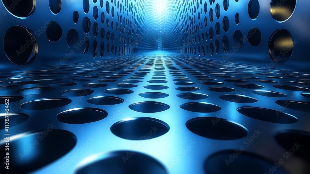 Poster a futuristic blue tunnel with circular patterns and bright light at the end.