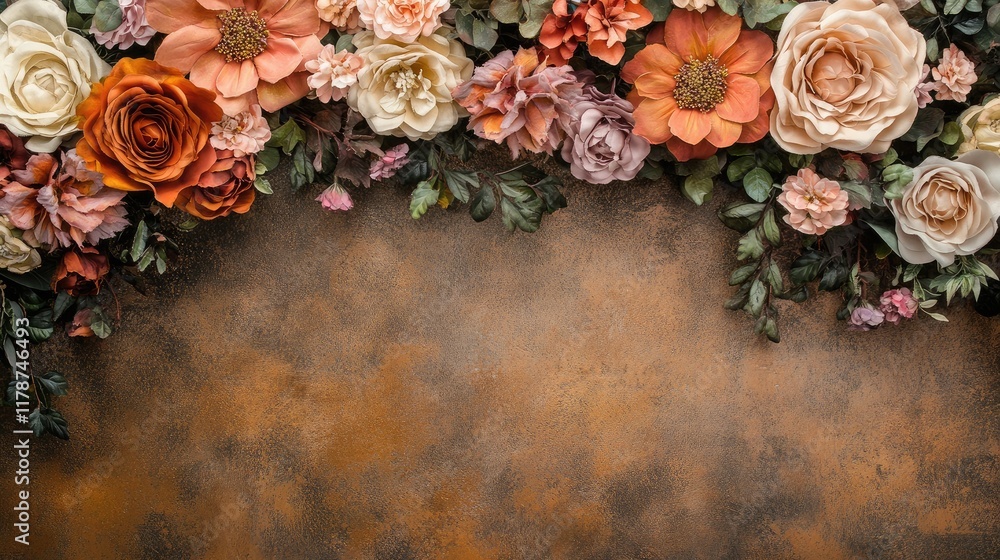 Poster boho style floral garland over rustic background with space for text or design elements