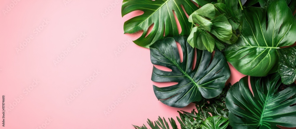 Poster tropical palm leaves on pink backdrop arranged in flat lay design with empty space for text creating