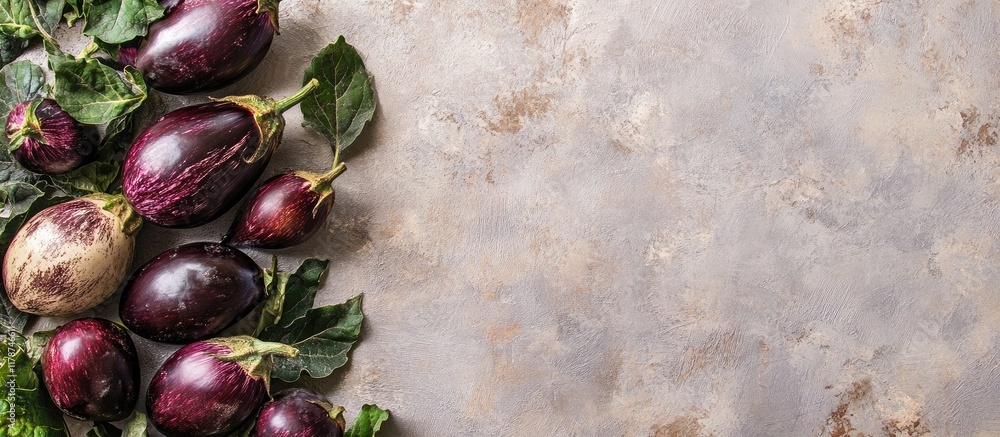 Poster fresh eggplants arranged artistically on a textured surface with plenty of empty space for personali