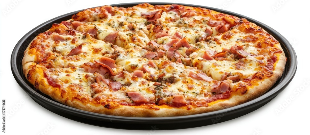 Poster freshly baked cheese and ham pizza on a round tray with empty space for text ideal for culinary adve