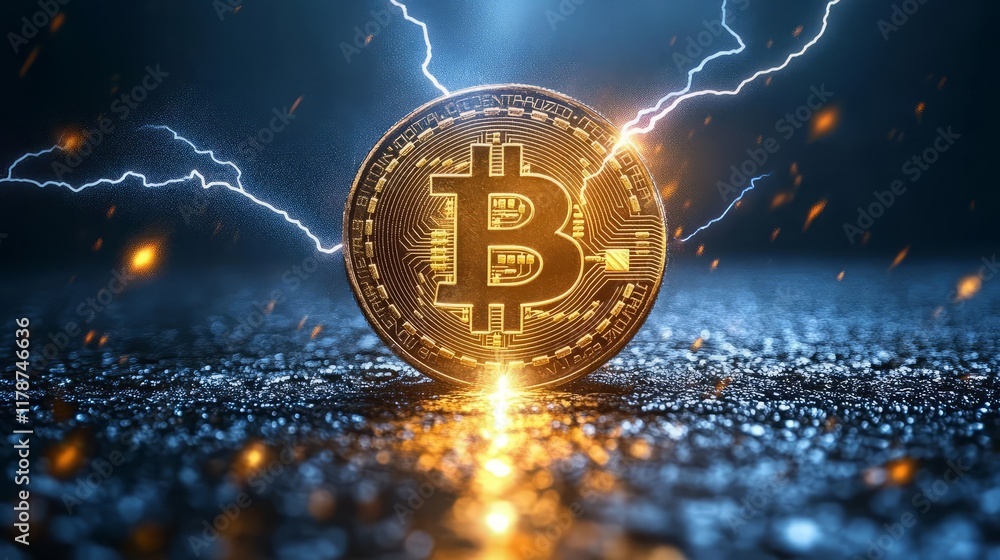 Aufkleber a glowing bitcoin coin with lightning effects on a reflective surface.