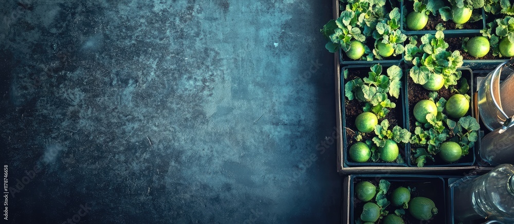 Poster fresh green zucchini and leafy greens in dark market boxes on rustic counter with empty space for te