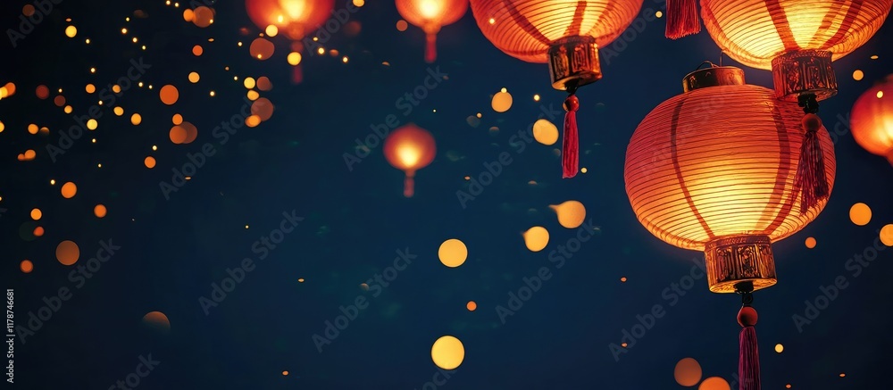 Poster festive lanterns illuminated against a night sky creating a vibrant atmosphere with space for person