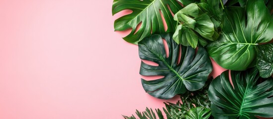 Fototapeta premium Tropical palm leaves on pink backdrop arranged in flat lay design with empty space for text creating a vibrant nature-inspired composition
