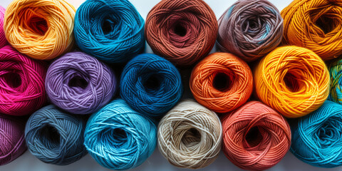 Many colorful yarn balls are arranged closely together, creating a vibrant and textured backdrop, perfect for hobby or craft projects