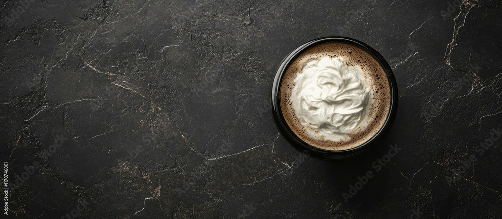 Poster top view of a steaming mocha latte with whipped cream on a dark stone background perfect for showcas
