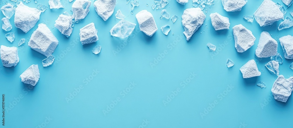 Poster melting ice cubes and shards on a blue background creating a refreshing summer vibe with ample space