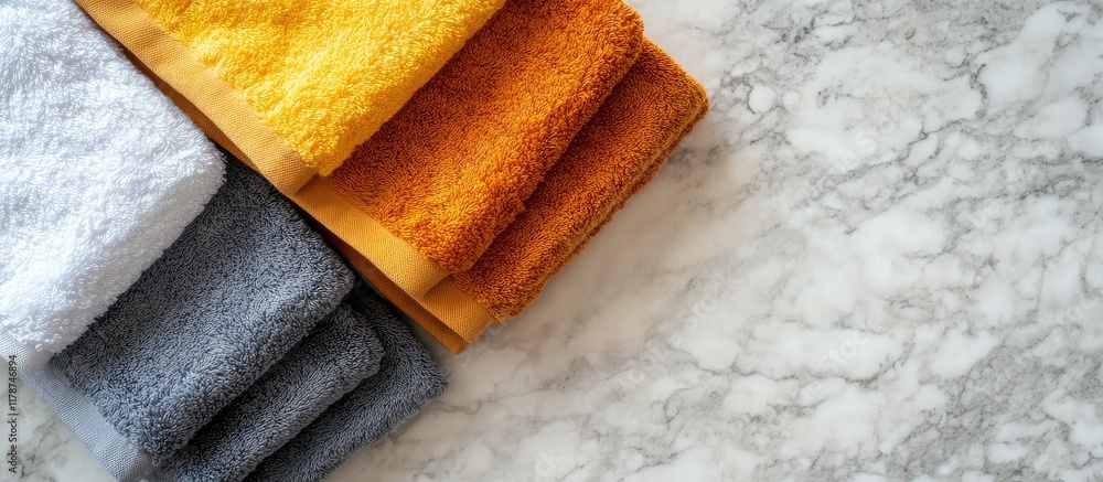 Aufkleber neatly arranged warm colored hand towels on marble background with empty space for elegant text or d